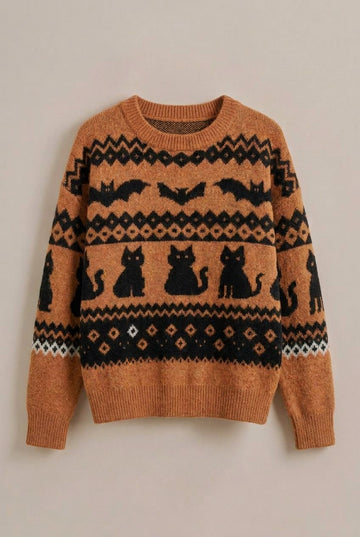 Fair Isle Black Cat Bat Novelty Pullover Sweater