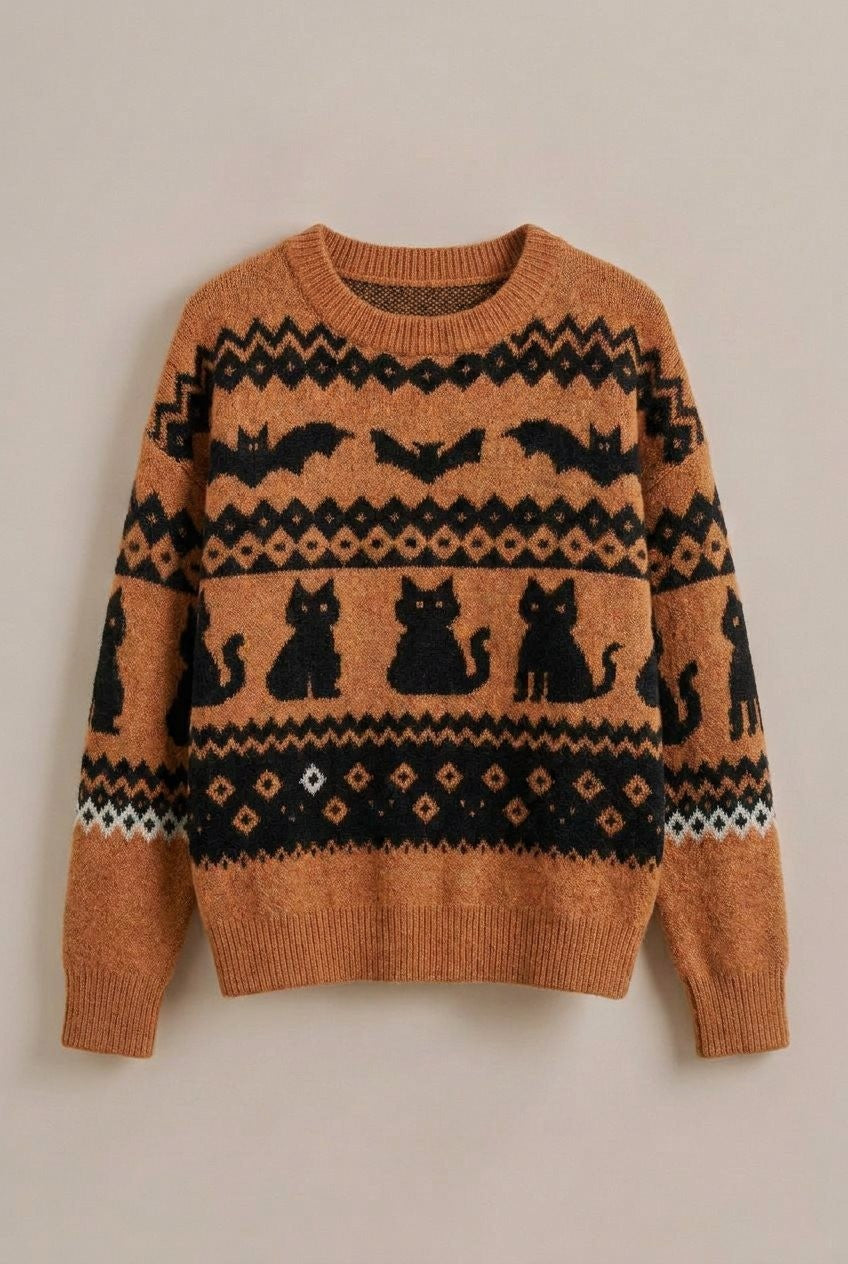 Fair Isle Black Cat Bat Novelty Pullover Sweater in Orange - Women's Sweaters | Urban Daizy