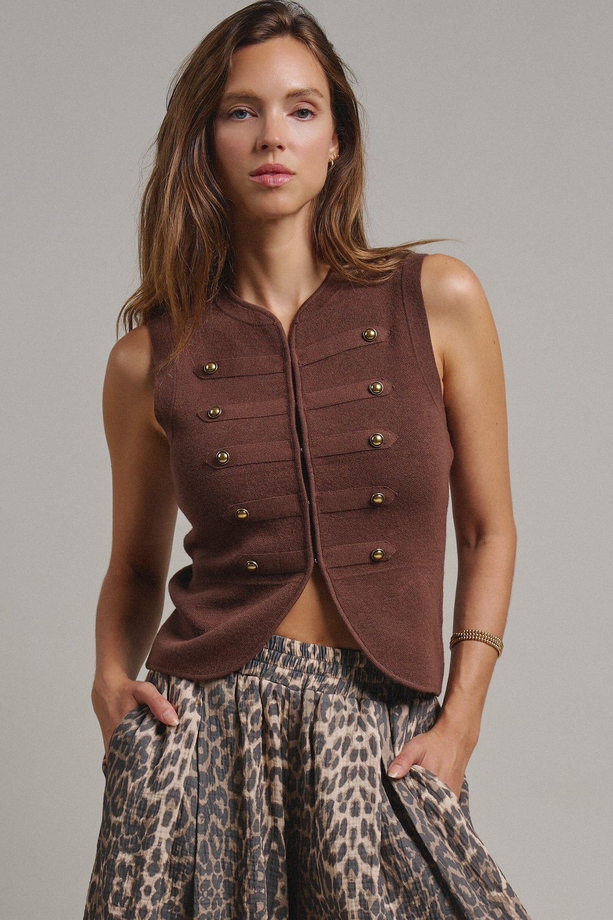 Cadet Charm Napoleon Knit Vest in Chocolate - Women's Sweater Vests | Urban Daizy