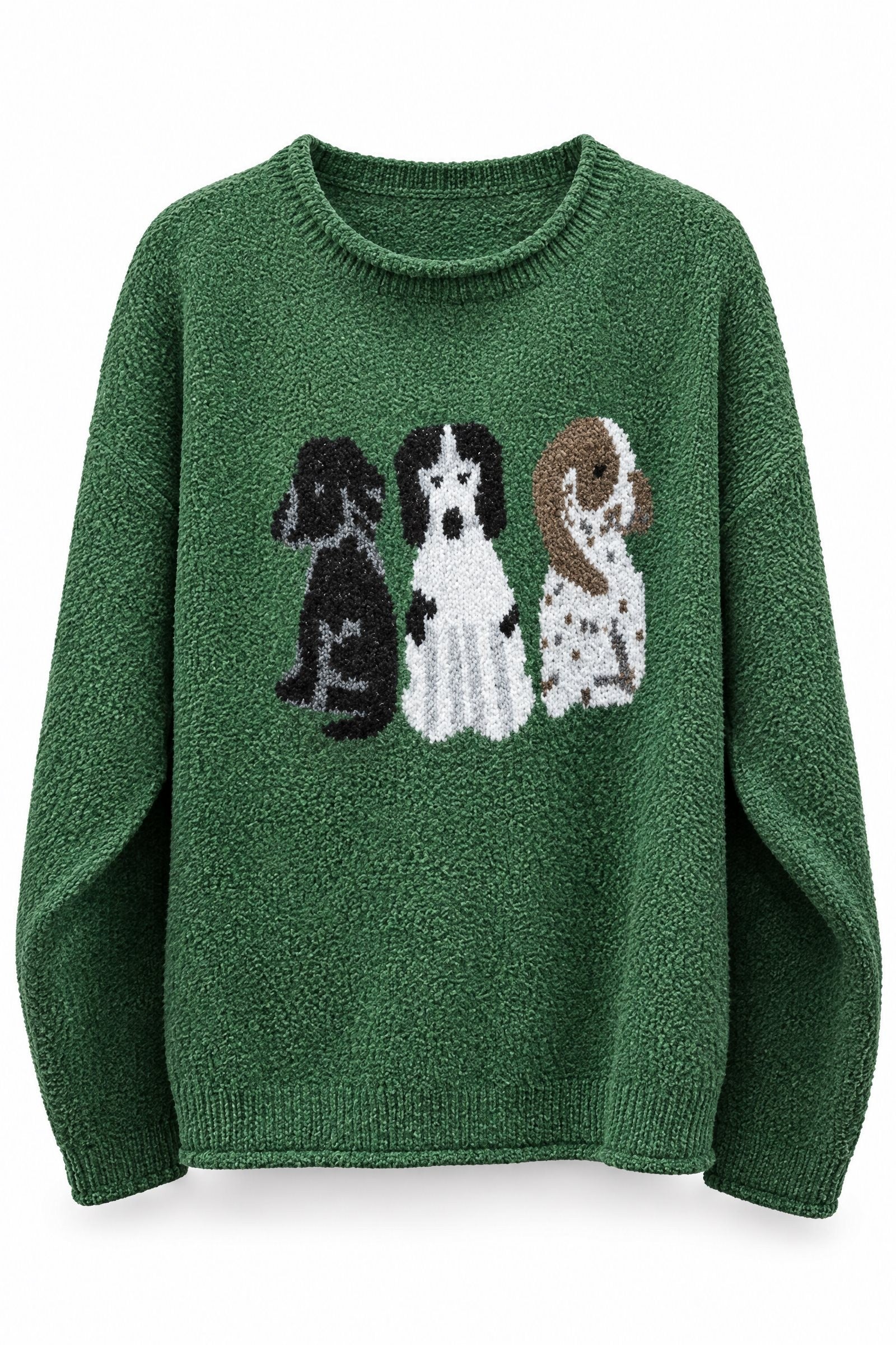Puppy Parade Boucle Knit Intarsia Sweater in Green - Women's Sweaters | Urban Daizy