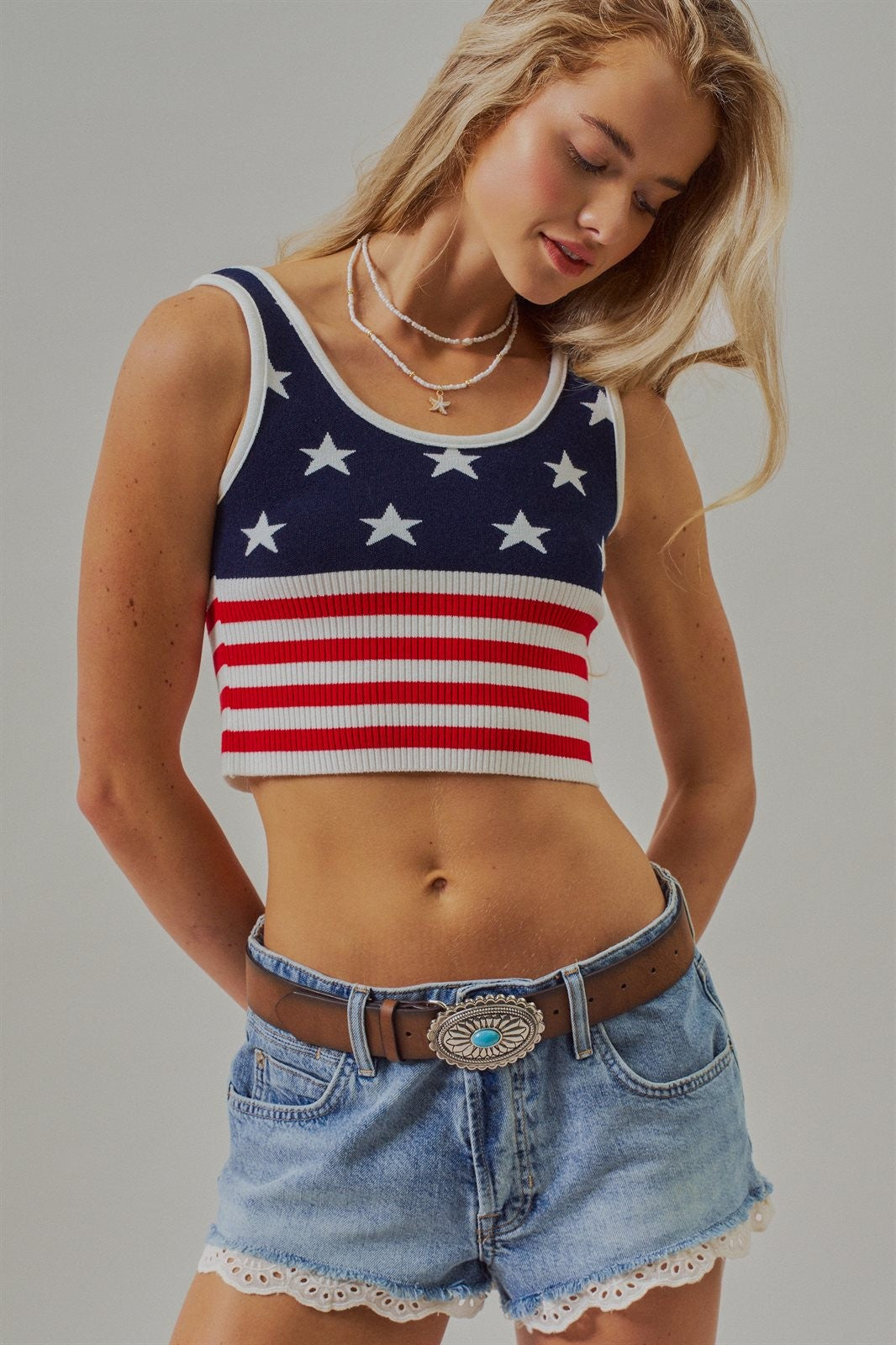 American Flag Knit Ribbed Crop Tank Top in Navy - Women's Fashion | Urban Daizy