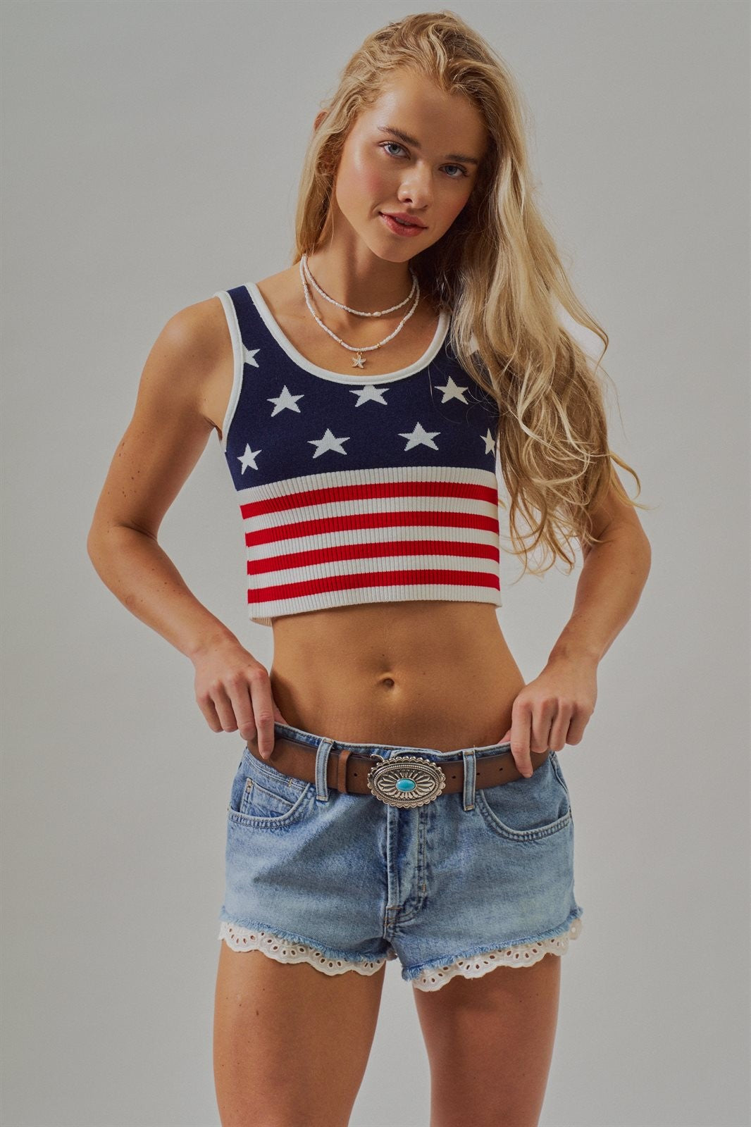 American Flag Knit Ribbed Crop Tank Top in Navy - Women's Fashion | Urban Daizy