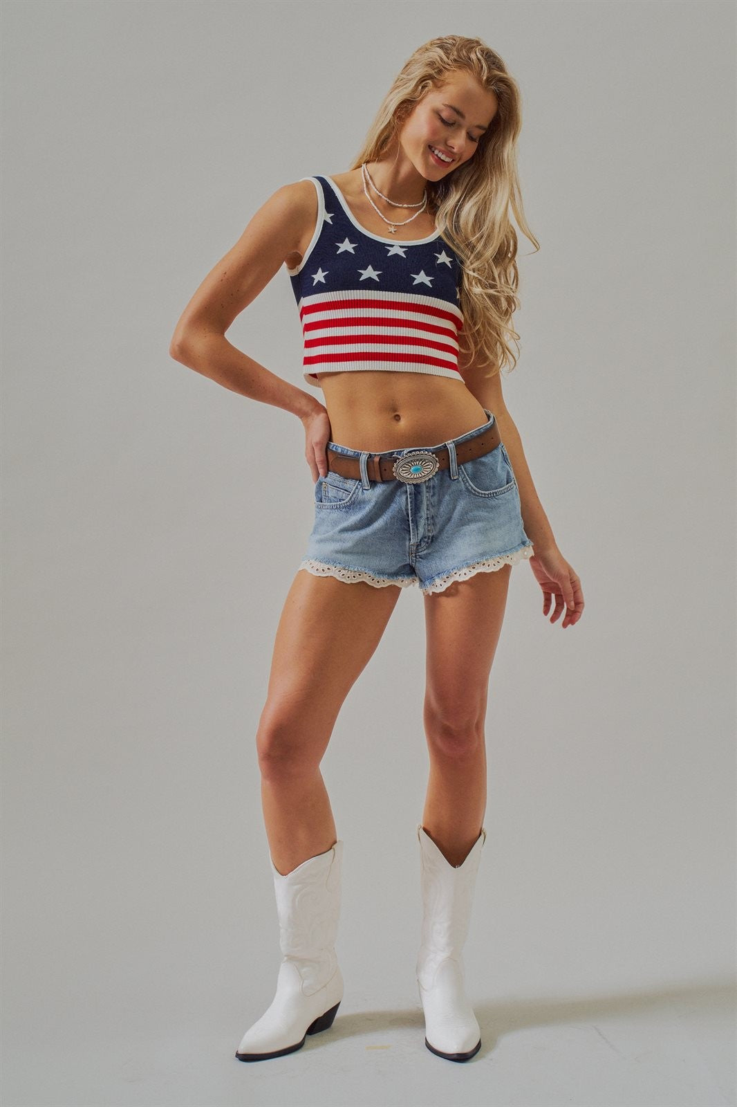 American Flag Knit Ribbed Crop Tank Top in Navy - Women's Fashion | Urban Daizy