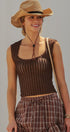 Pointelle Knit Lace Trim Square Neck Tank Top in Brown - Women's Fashion | Urban Daizy