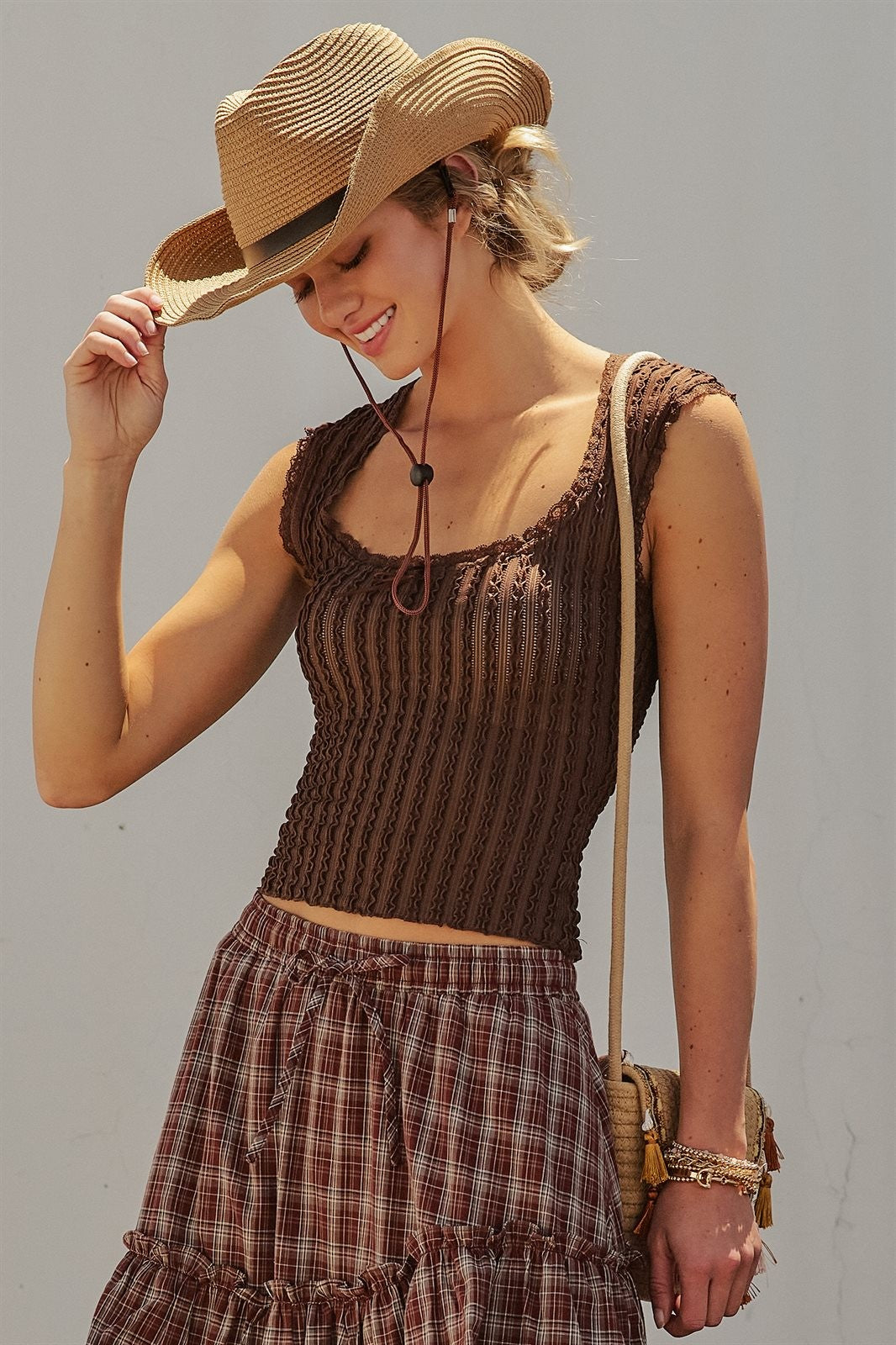 Pointelle Knit Lace Trim Square Neck Tank Top in Brown - Women's Fashion | Urban Daizy