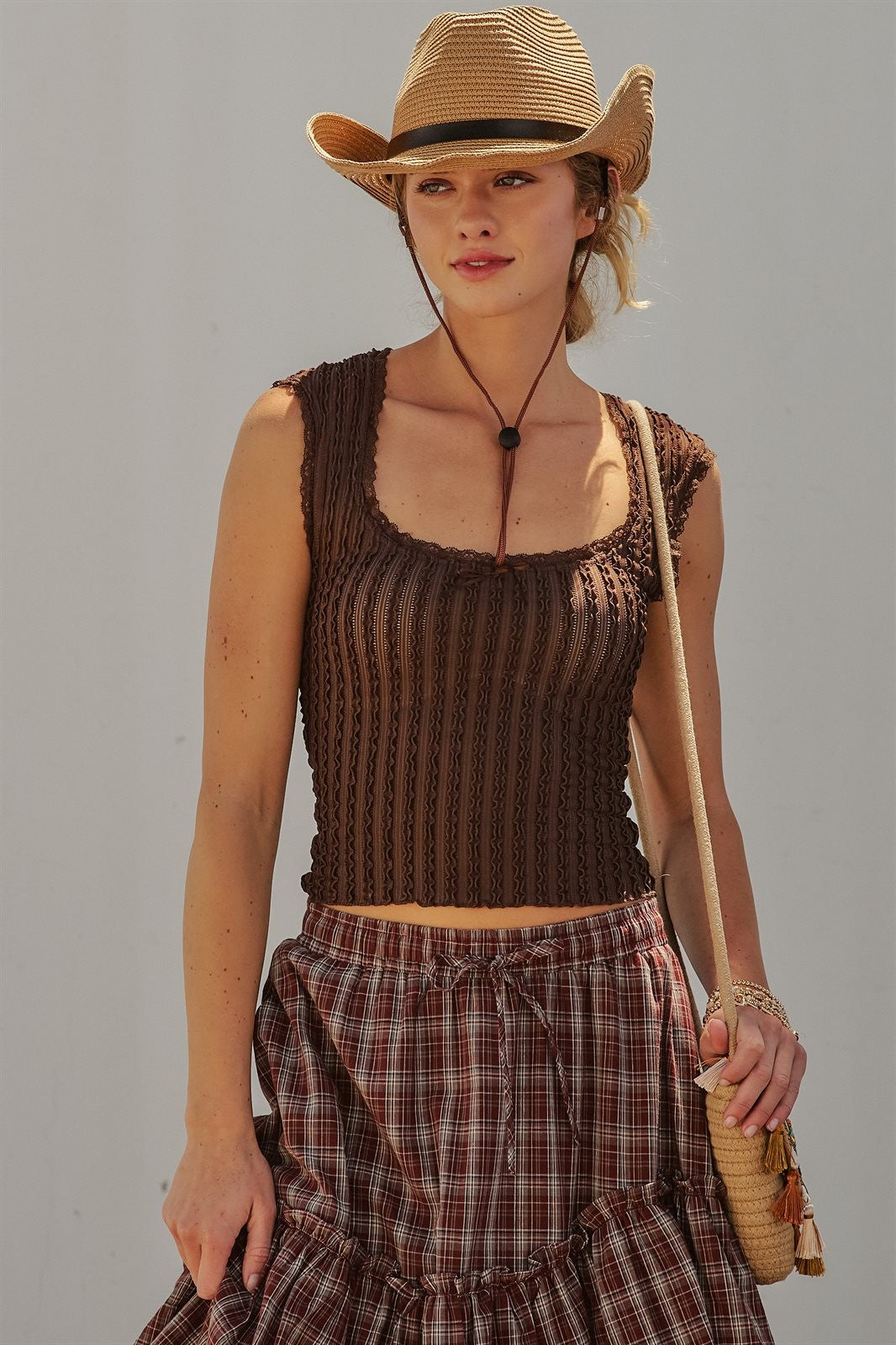 Pointelle Knit Lace Trim Square Neck Tank Top in Brown - Women's Fashion | Urban Daizy