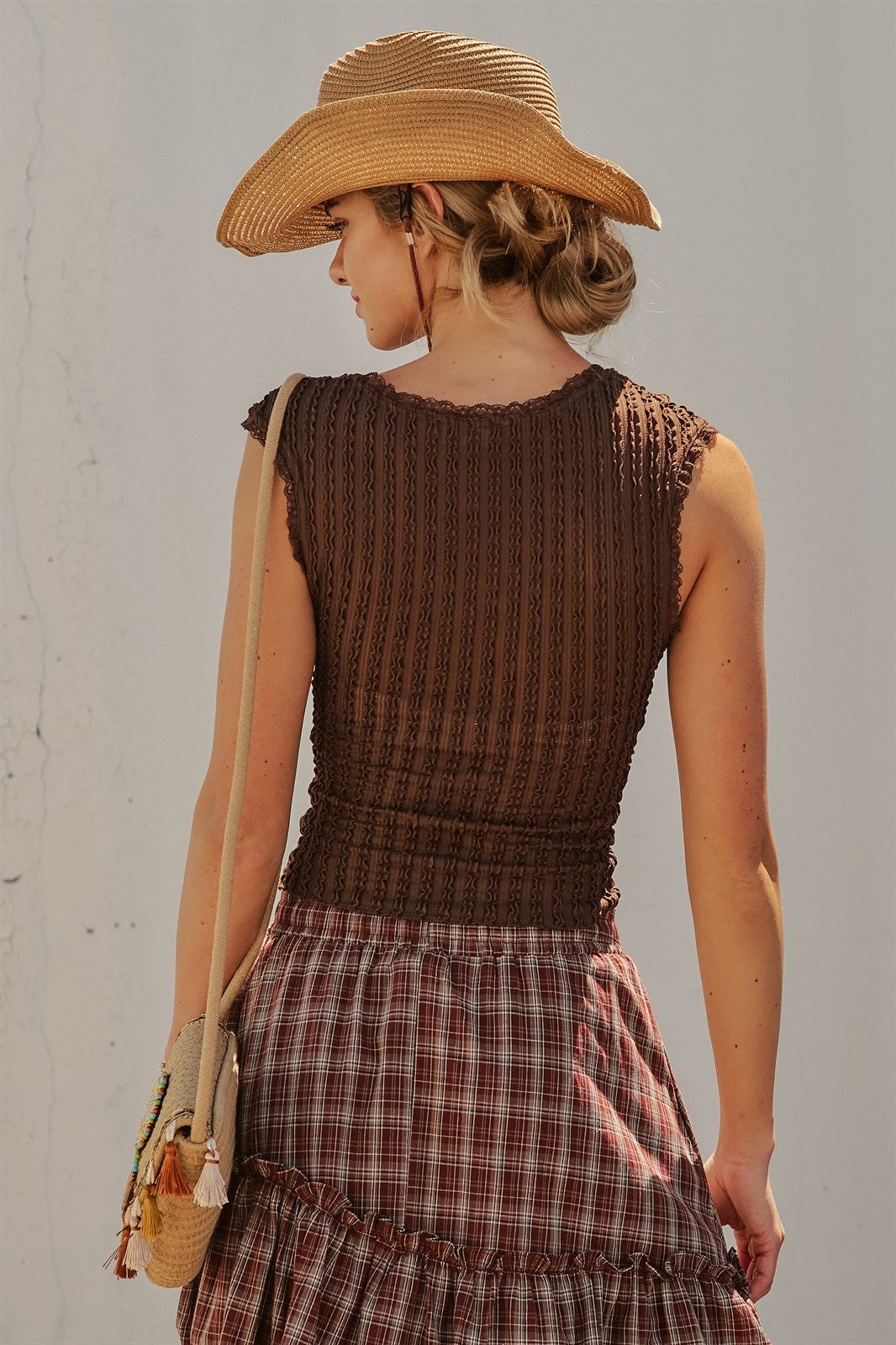 Pointelle Knit Lace Trim Square Neck Tank Top in Brown - Women's Fashion | Urban Daizy