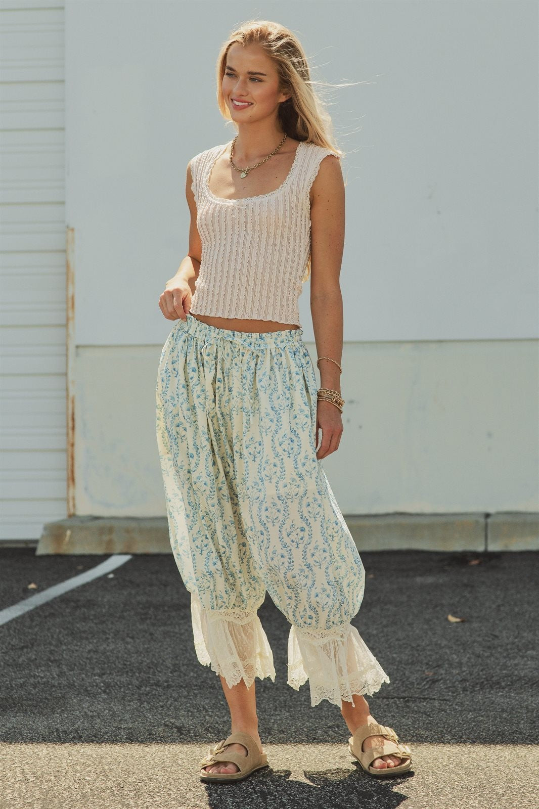 Pointelle Knit Lace Trim Square Neck Tank Top in Lt Khaki - Women's Fashion | Urban Daizy