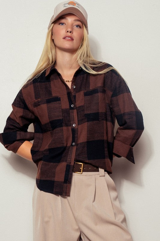 Buffalo Plaid Flannel Western Button Up Shirt in Black - Women's Shirts & Blouses | Urban Daizy