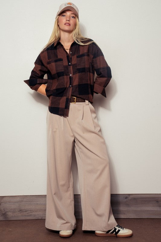 Buffalo Plaid Flannel Western Button Up Shirt in Black - Women's Shirts & Blouses | Urban Daizy
