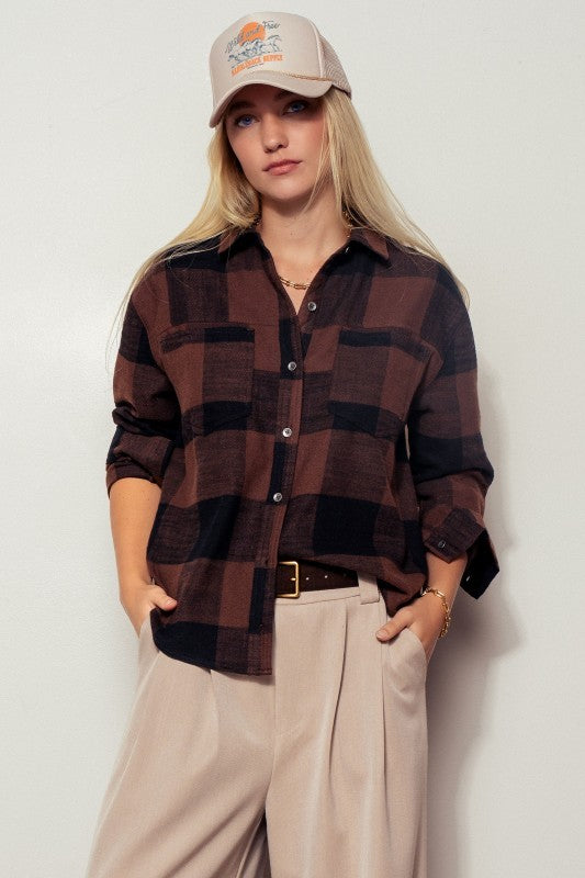 Buffalo Plaid Flannel Western Button Up Shirt in Black - Women's Shirts & Blouses | Urban Daizy