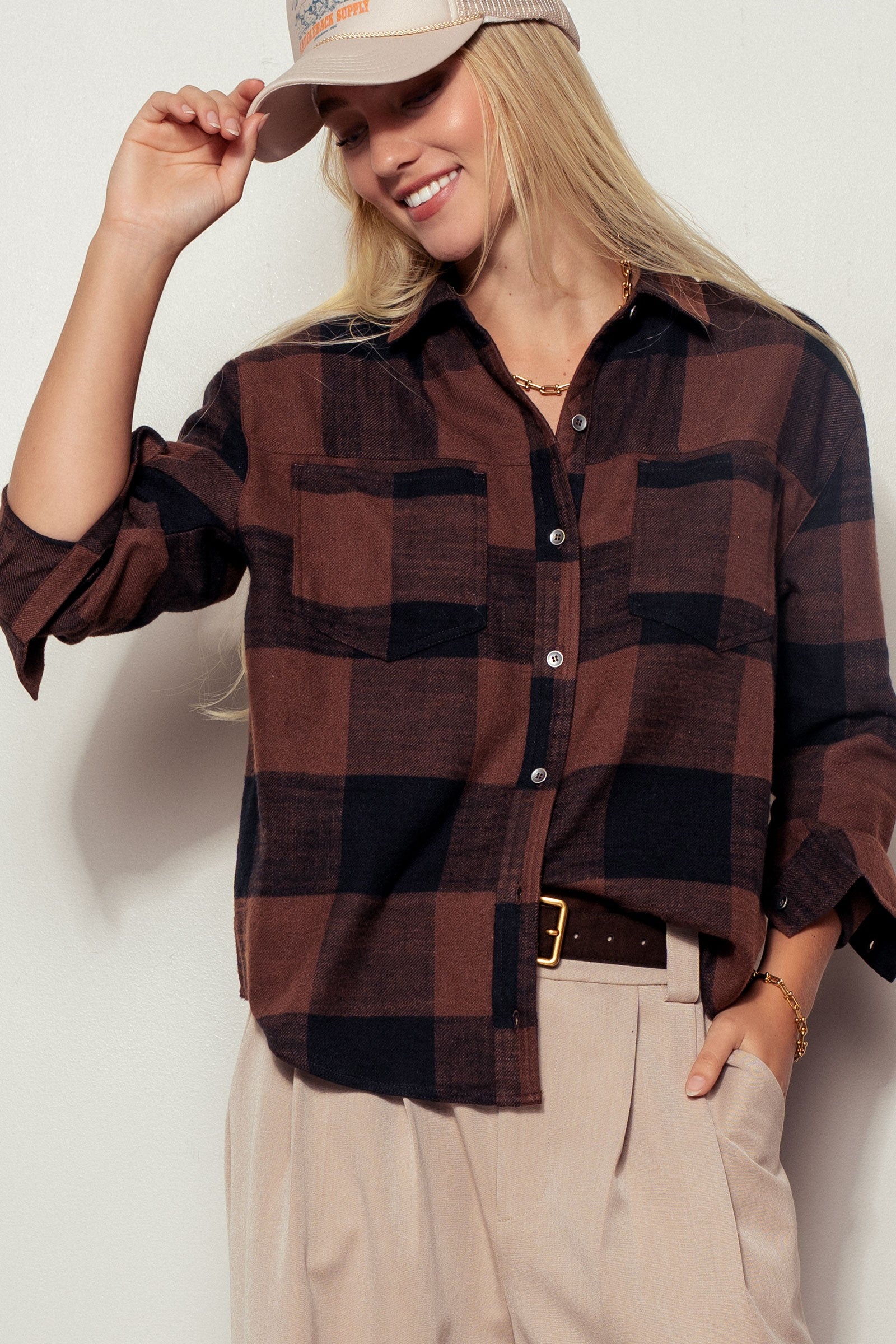 Buffalo Plaid Flannel Western Button Up Shirt in Black - Women's Shirts & Blouses | Urban Daizy