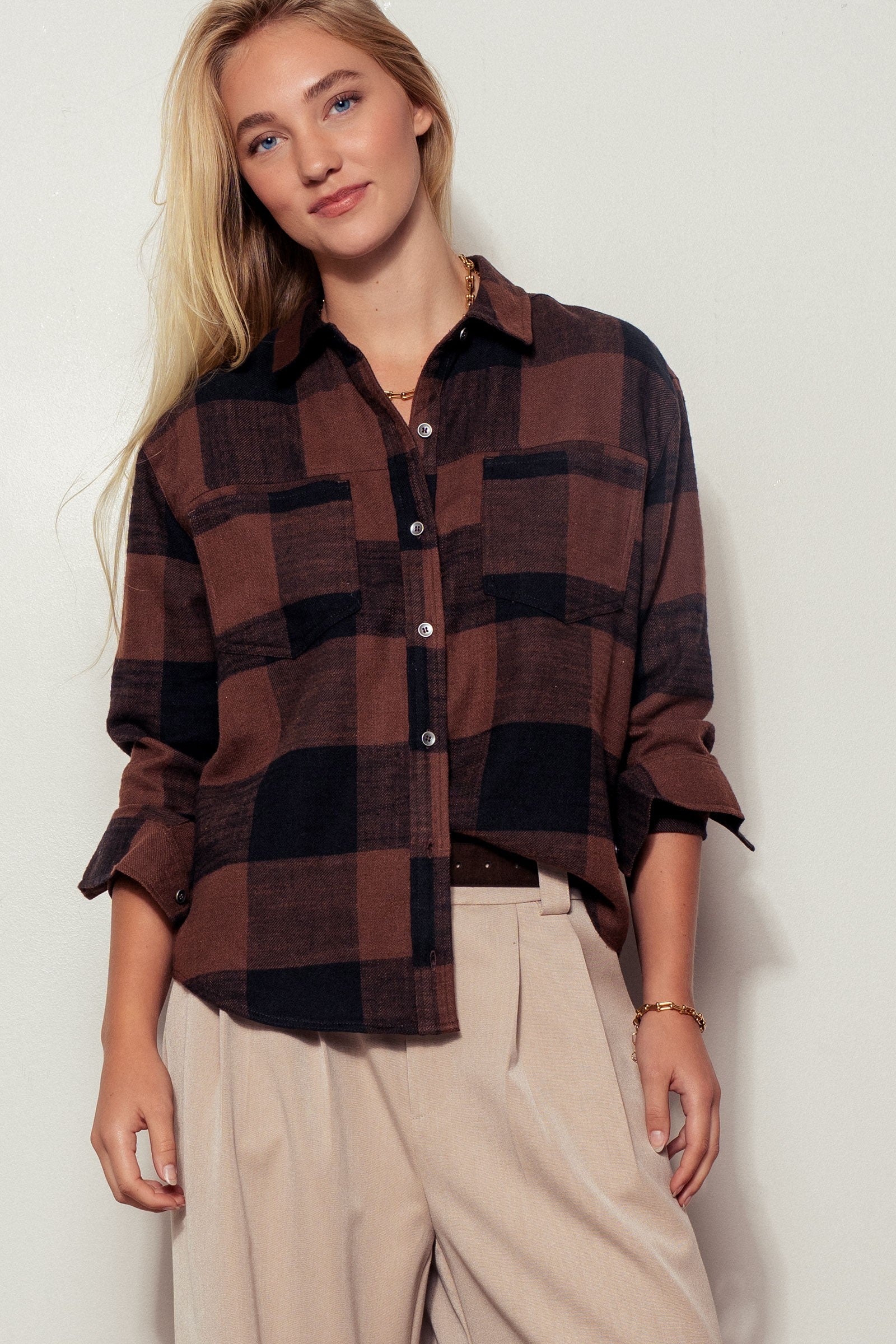 Buffalo Plaid Flannel Western Button Up Shirt in Black - Women's Shirts & Blouses | Urban Daizy