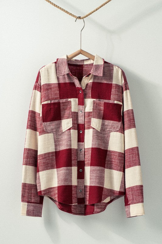 Buffalo Plaid Flannel Western Button Up Shirt in Burgundy - Women's Shirts & Blouses | Urban Daizy