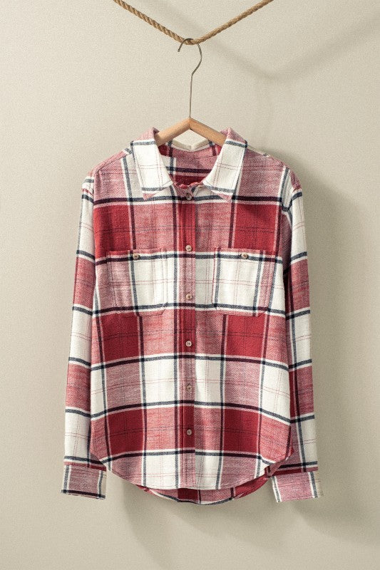 Brushed Plaid Flannel Western Button Up in Burgundy - Women's Shirts & Blouses | Urban Daizy