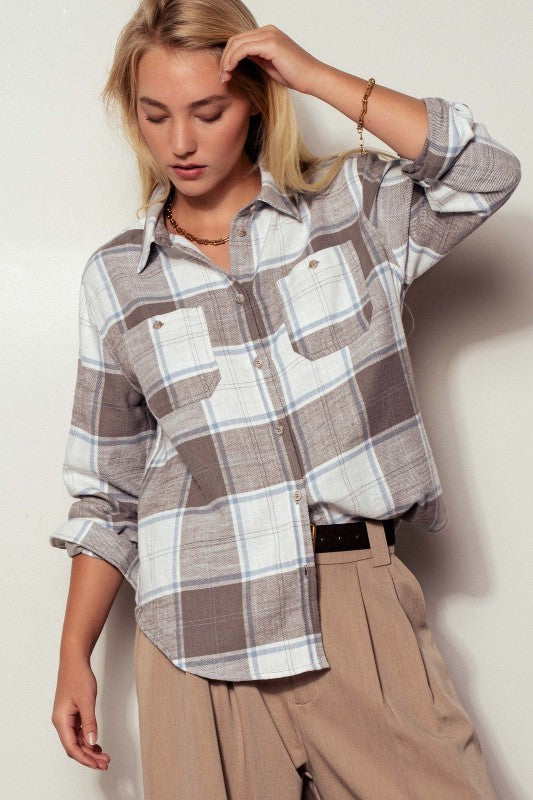 Brushed Plaid Flannel Western Button Up in Truffle - Women's Shirts & Blouses | Urban Daizy