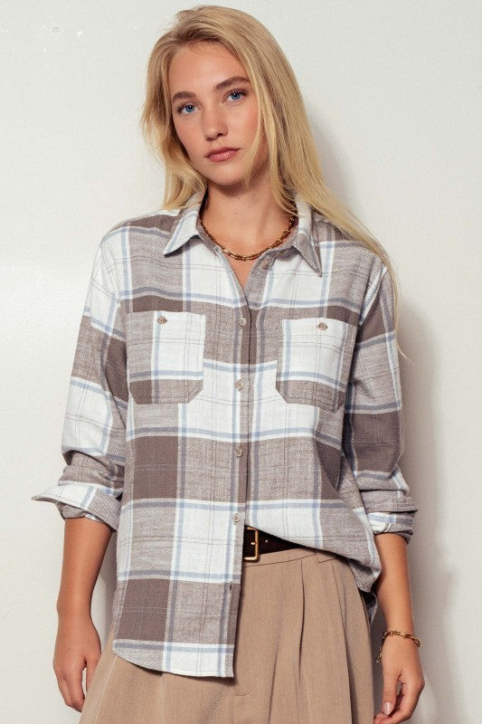 Brushed Plaid Flannel Western Button Up in Truffle - Women's Shirts & Blouses | Urban Daizy