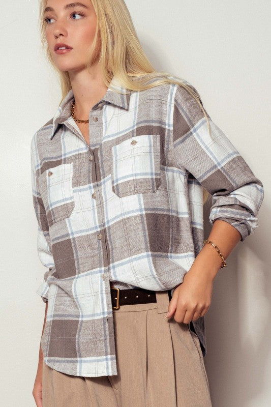 Brushed Plaid Flannel Western Button Up in Truffle - Women's Shirts & Blouses | Urban Daizy