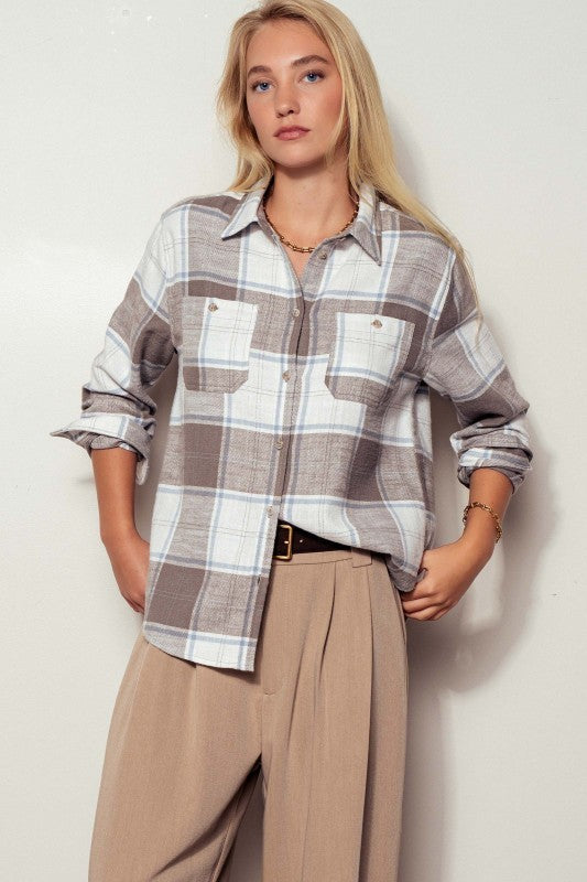 Brushed Plaid Flannel Western Button Up in Truffle - Women's Shirts & Blouses | Urban Daizy