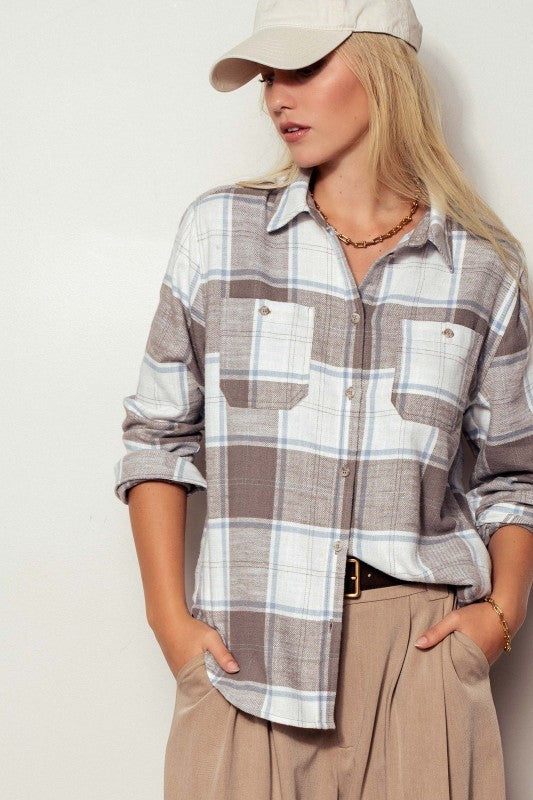 Brushed Plaid Flannel Western Button Up in Truffle - Women's Shirts & Blouses | Urban Daizy