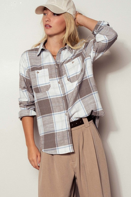 Brushed Plaid Flannel Western Button Up in Truffle - Women's Shirts & Blouses | Urban Daizy