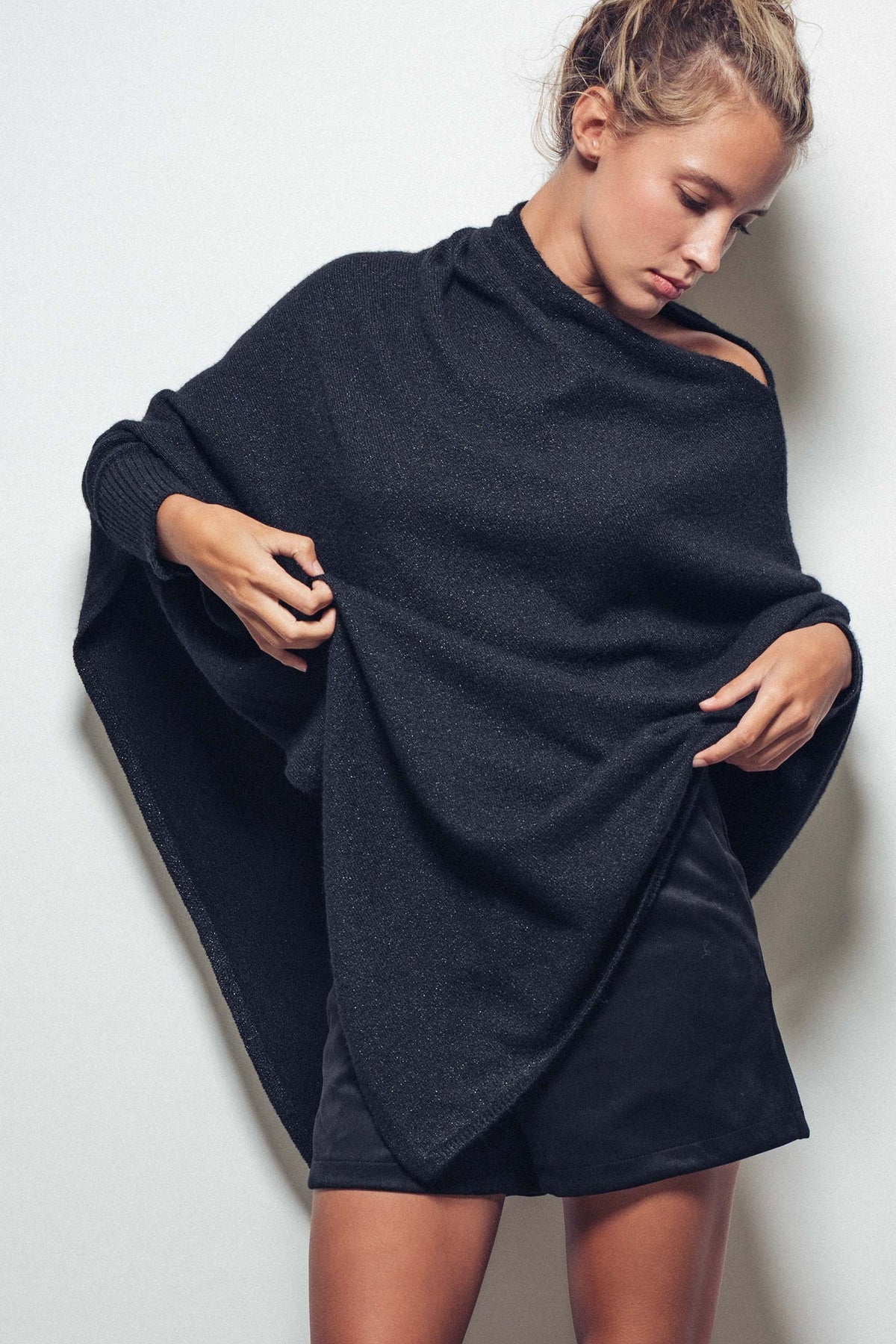 Asymmetrical Drape Knit Poncho Sweater in Black - Women's Capes & Ponchos | Urban Daizy
