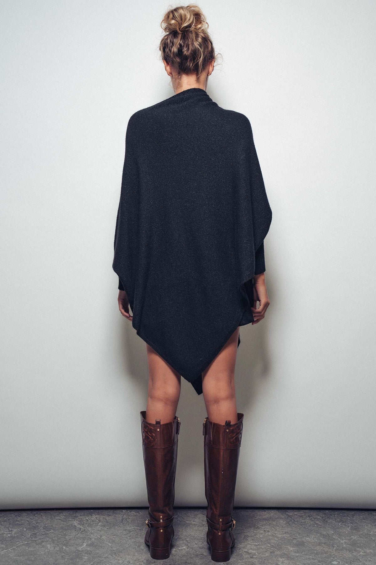 Asymmetrical Drape Knit Poncho Sweater in Black - Women's Capes & Ponchos | Urban Daizy