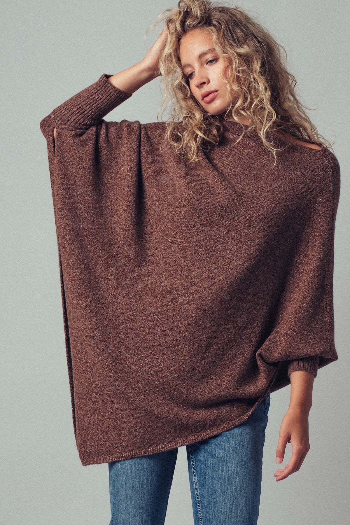 Asymmetrical Drape Knit Poncho Sweater in Brown - Women's Capes & Ponchos | Urban Daizy