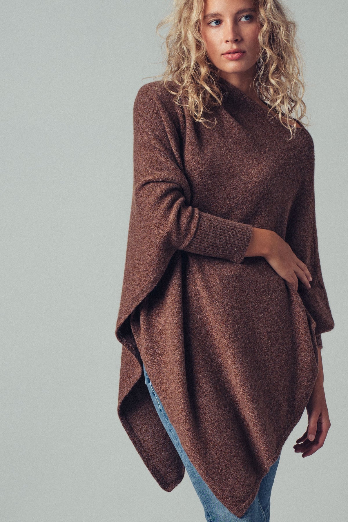 Asymmetrical Drape Knit Poncho Sweater in Brown - Women's Capes & Ponchos | Urban Daizy