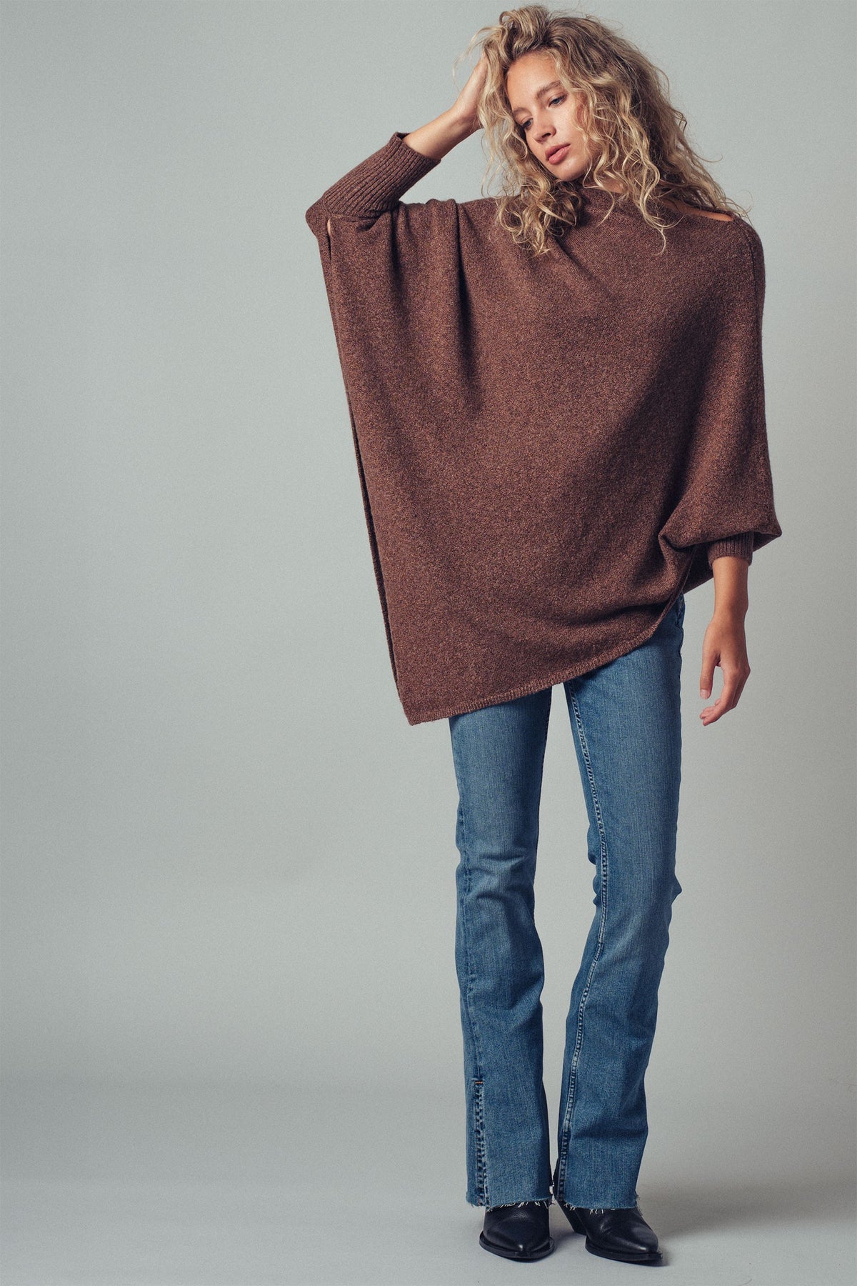 Asymmetrical Drape Knit Poncho Sweater in Brown - Women's Capes & Ponchos | Urban Daizy