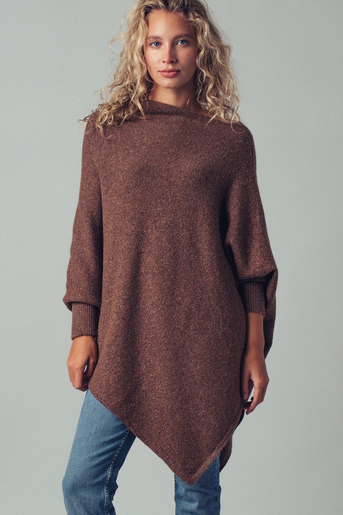 Asymmetrical Drape Knit Poncho Sweater in Brown - Women's Capes & Ponchos | Urban Daizy