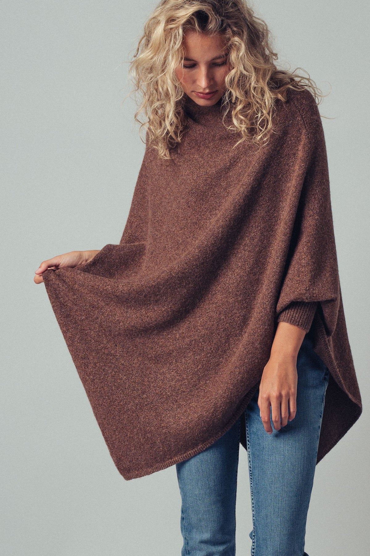 Asymmetrical Drape Knit Poncho Sweater in Brown - Women's Capes & Ponchos | Urban Daizy