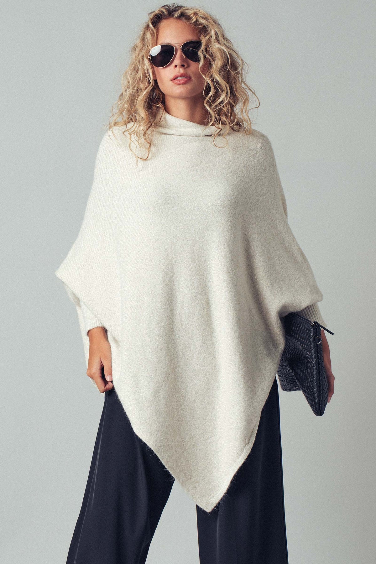 Asymmetrical Drape Knit Poncho Sweater in Ivory - Women's Capes & Ponchos | Urban Daizy