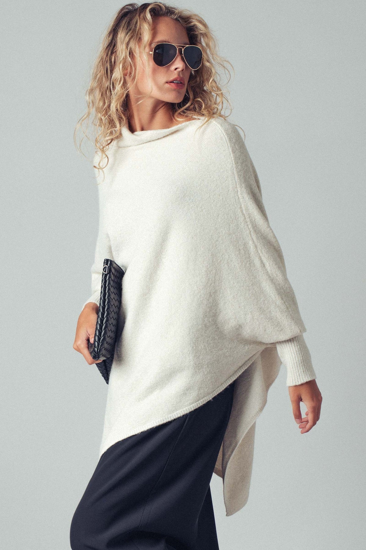 Asymmetrical Drape Knit Poncho Sweater in Ivory - Women's Capes & Ponchos | Urban Daizy