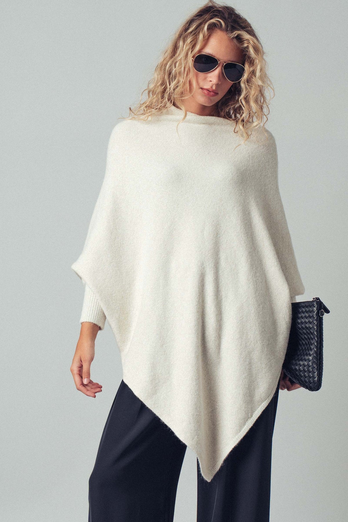 Asymmetrical Drape Knit Poncho Sweater in Ivory - Women's Capes & Ponchos | Urban Daizy