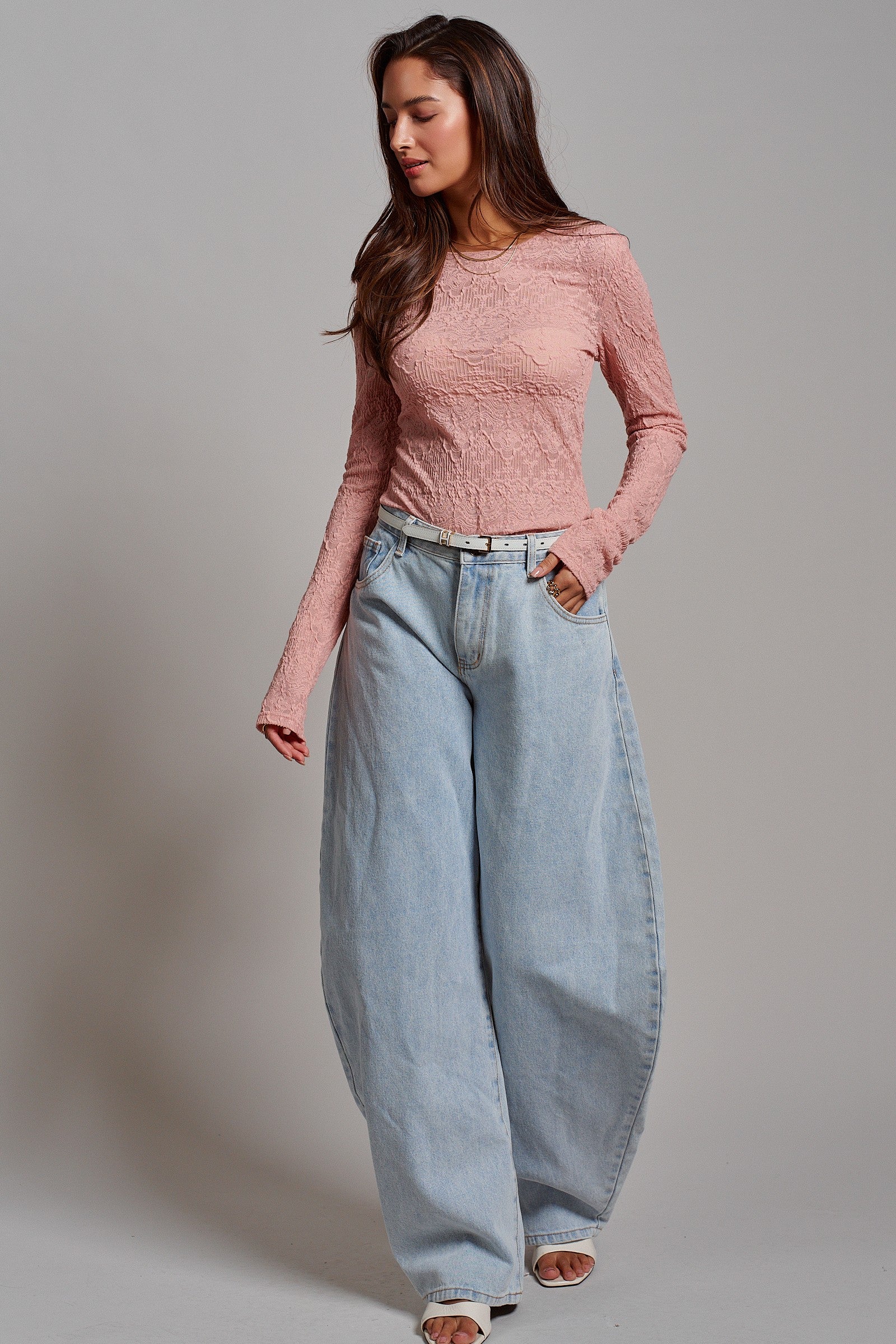 Dusty Rose Lace Textured Long Sleeve Fitted Top in Pink - Women's Tops | Urban Daizy