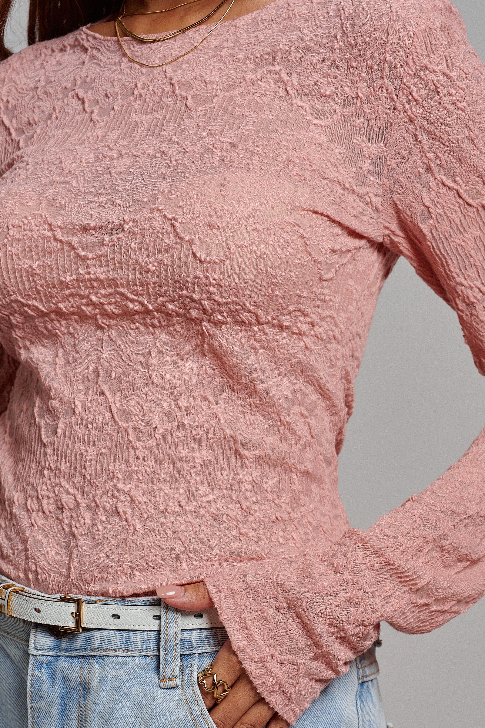 Dusty Rose Lace Textured Long Sleeve Fitted Top in Pink - Women's Tops | Urban Daizy