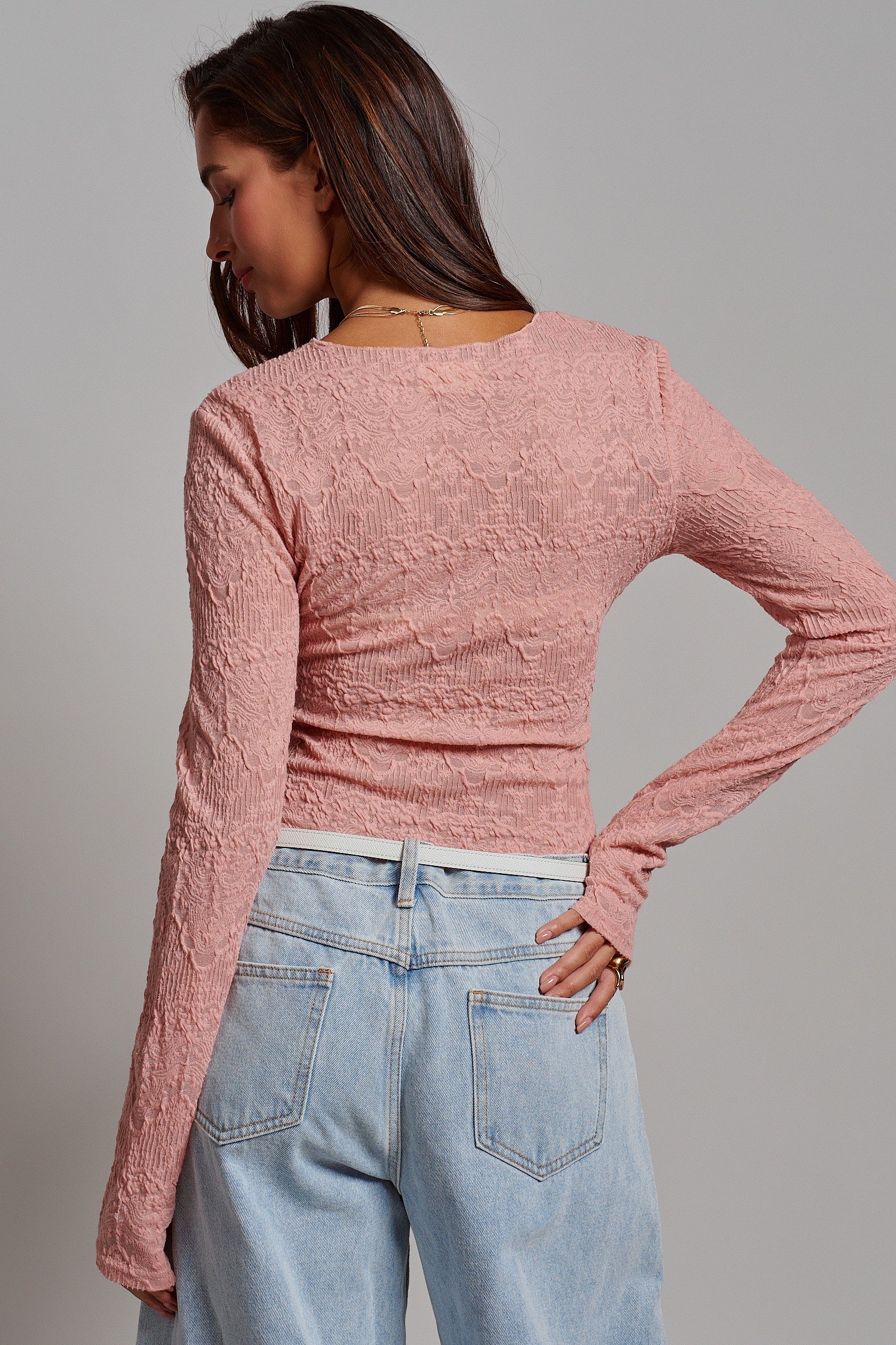 Dusty Rose Lace Textured Long Sleeve Fitted Top in Pink - Women's Tops | Urban Daizy