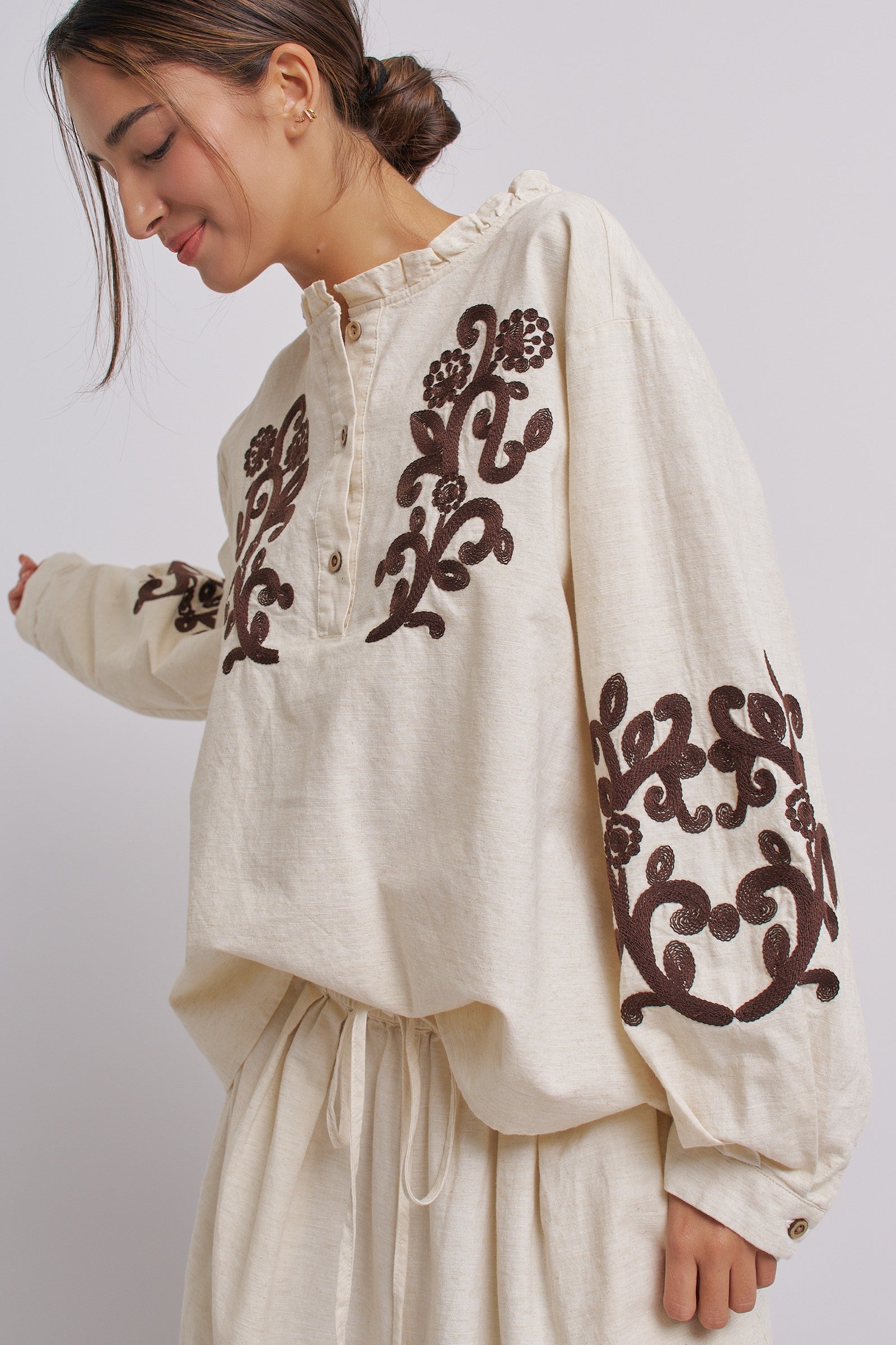 Embroidered Cotton Linen Blouse With Ruffle Collar in Linen - Women's Tops | Urban Daizy