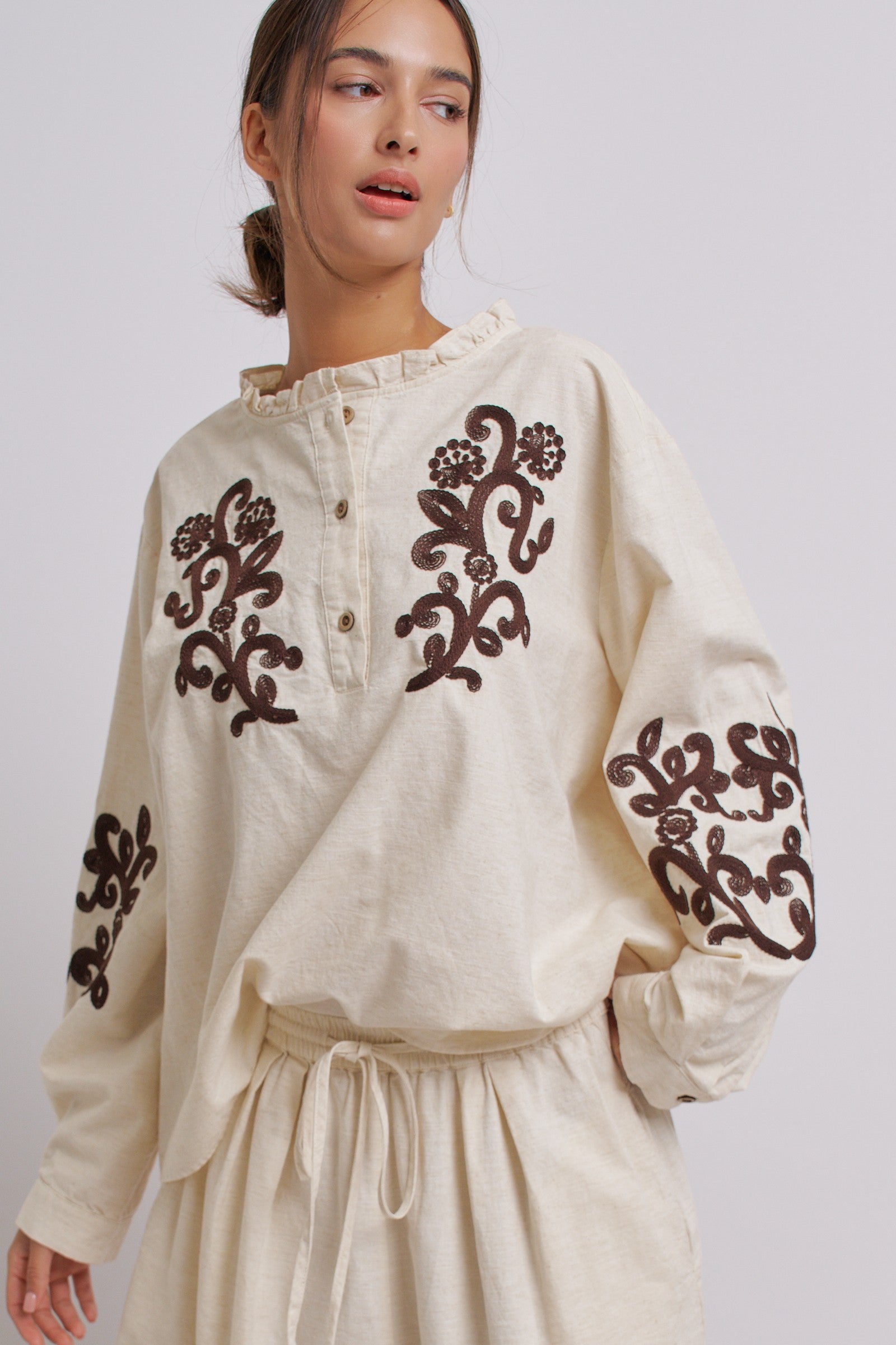 Embroidered Cotton Linen Blouse With Ruffle Collar in Linen - Women's Tops | Urban Daizy