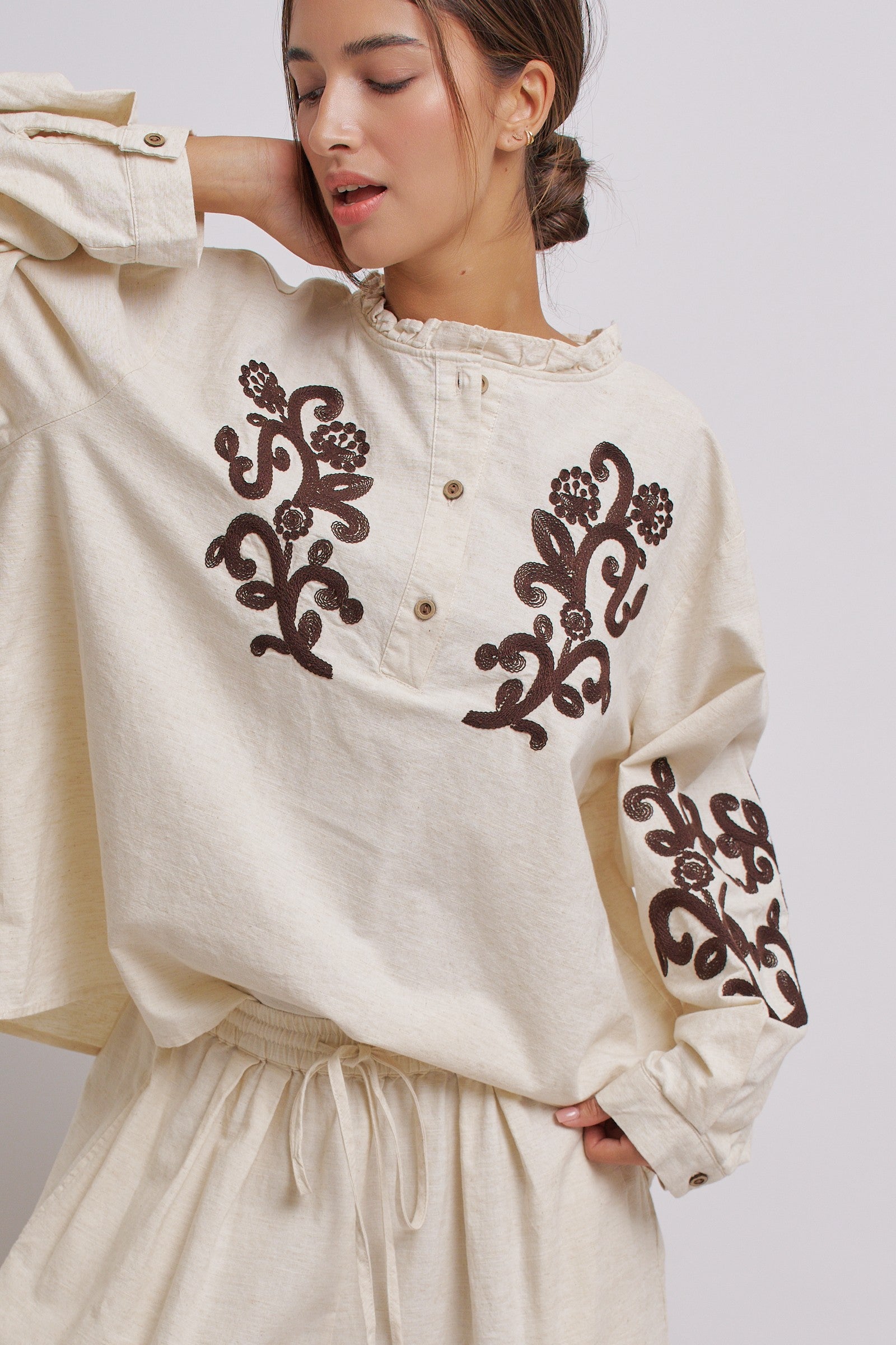 Embroidered Cotton Linen Blouse With Ruffle Collar in Linen - Women's Tops | Urban Daizy