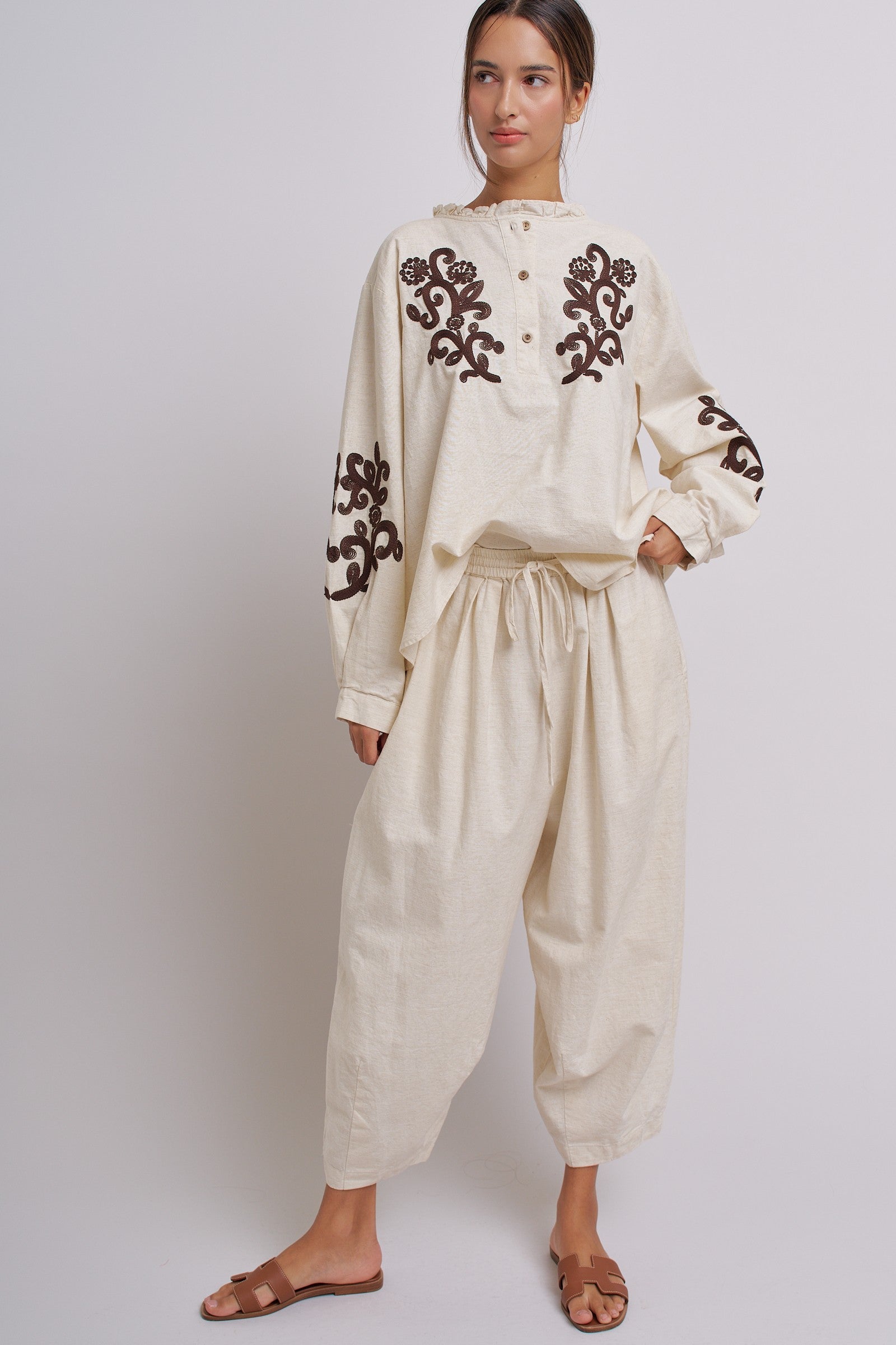 Embroidered Cotton Linen Blouse With Ruffle Collar in Linen - Women's Tops | Urban Daizy