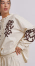 Embroidered Cotton Linen Blouse With Ruffle Collar in Linen - Women's Tops | Urban Daizy