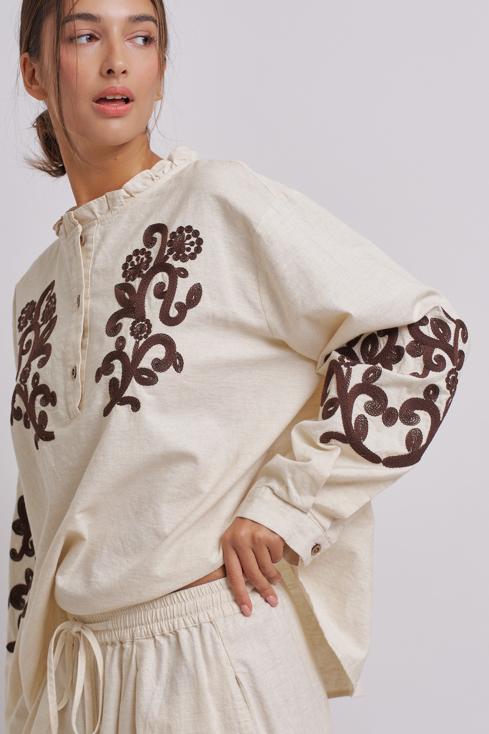 Embroidered Cotton Linen Blouse With Ruffle Collar in Linen - Women's Tops | Urban Daizy