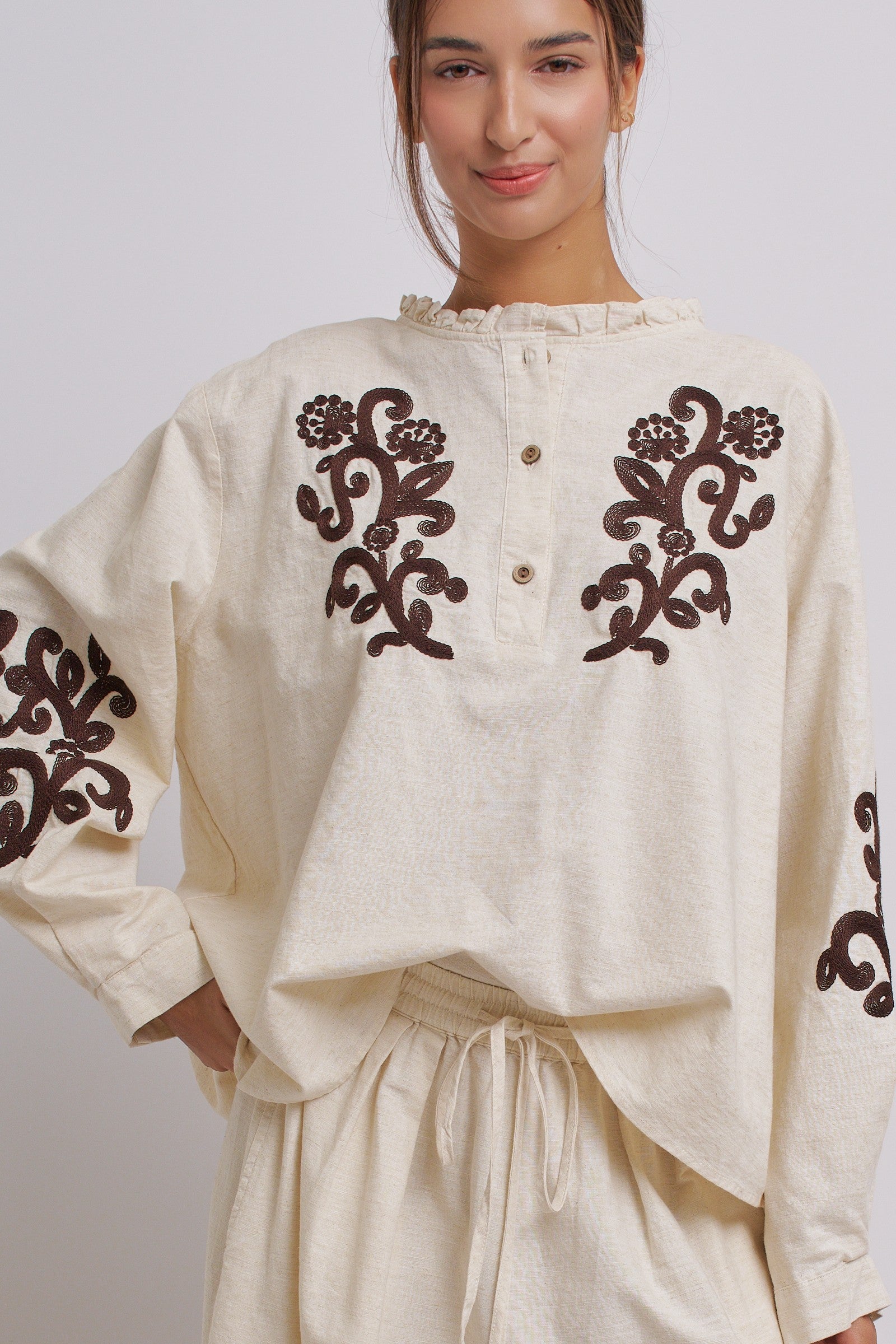 Embroidered Cotton Linen Blouse With Ruffle Collar in Linen - Women's Tops | Urban Daizy