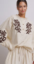Embroidered Cotton Linen Blouse With Ruffle Collar in Linen - Women's Tops | Urban Daizy