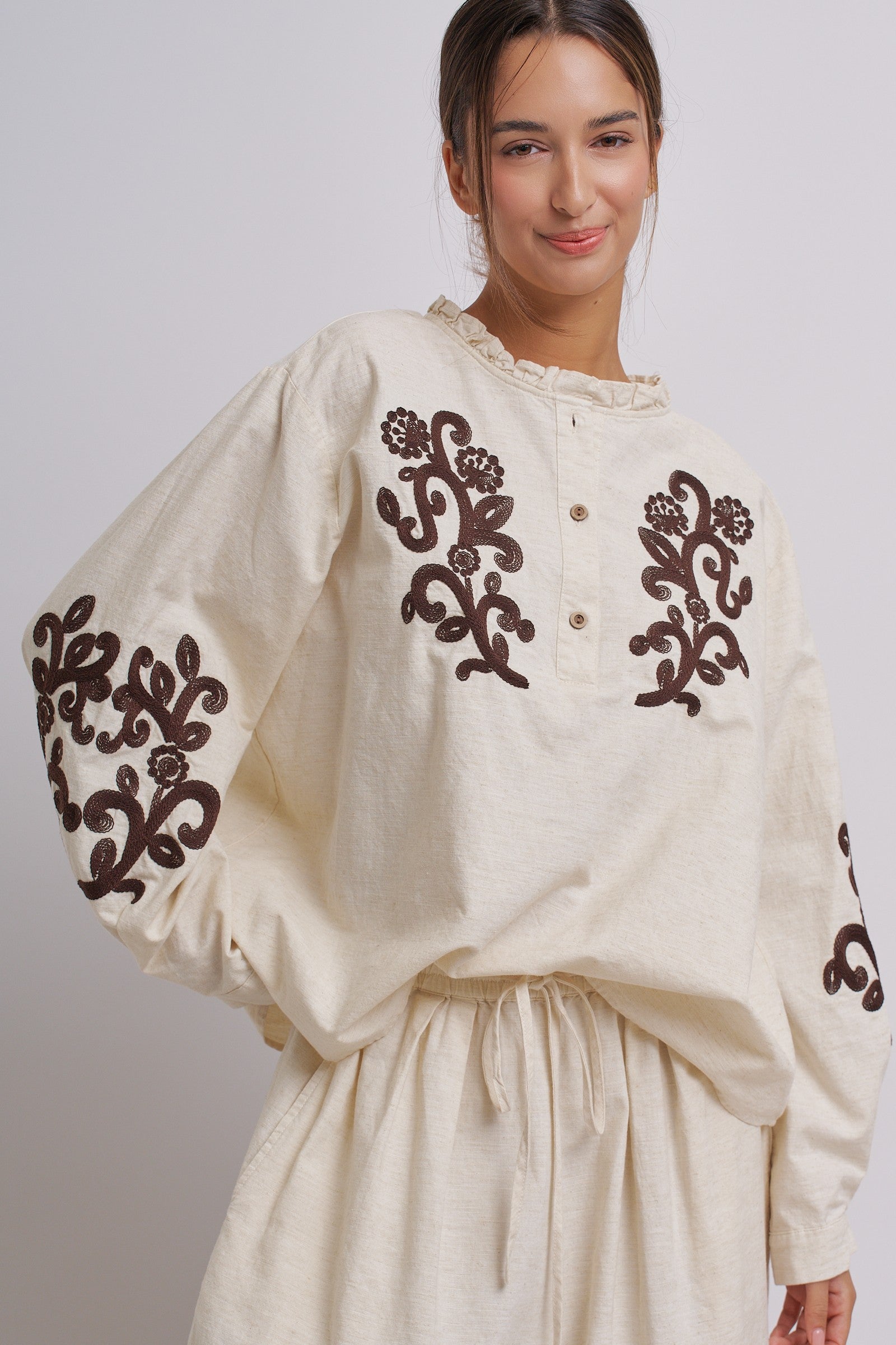 Embroidered Cotton Linen Blouse With Ruffle Collar in Linen - Women's Tops | Urban Daizy