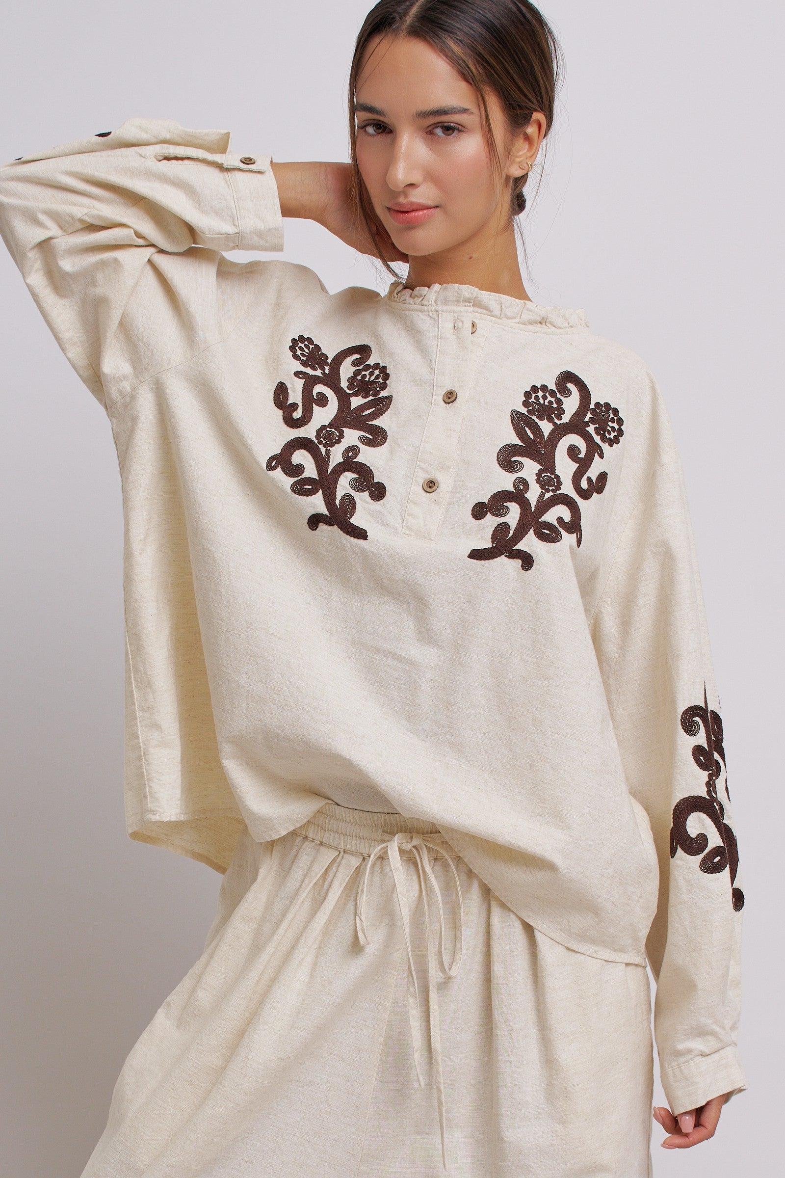 Embroidered Cotton Linen Blouse With Ruffle Collar in Linen - Women's Tops | Urban Daizy