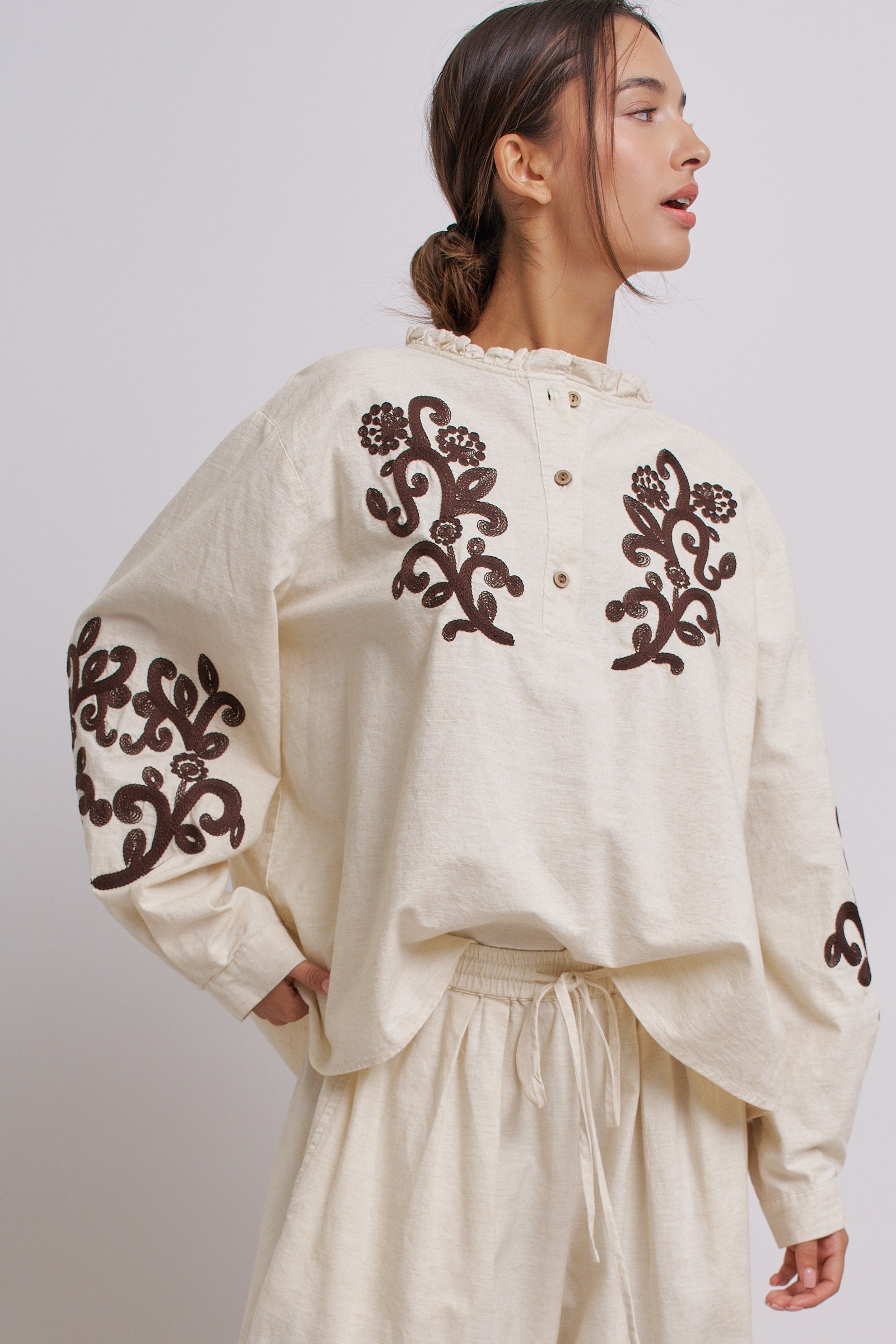 Embroidered Cotton Linen Blouse With Ruffle Collar in Linen - Women's Tops | Urban Daizy