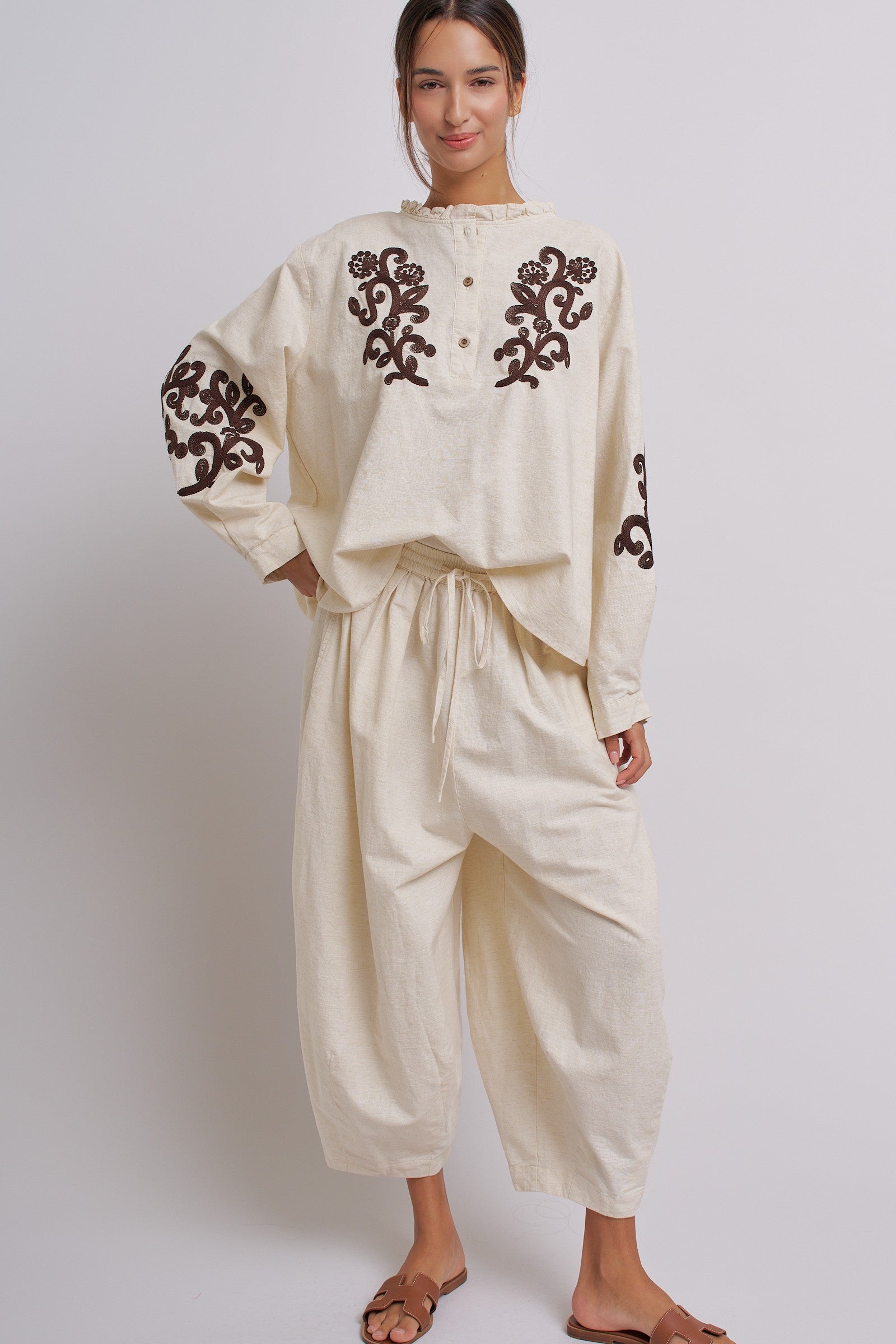 Embroidered Cotton Linen Blouse With Ruffle Collar in Linen - Women's Tops | Urban Daizy